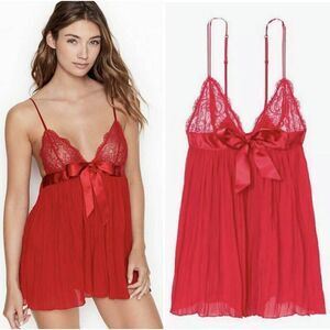 Victoria's Secret VTG Y2K Maroon Lace Bow Pleated Babydoll Mini Slip Small